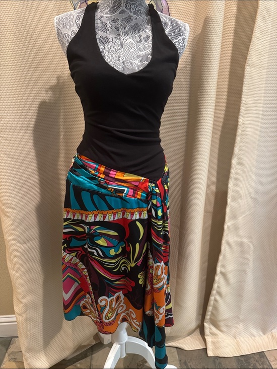 Cache Dresses & Skirts - Cache Black Halter Top with Multicolor Abstract Wrap Skirt